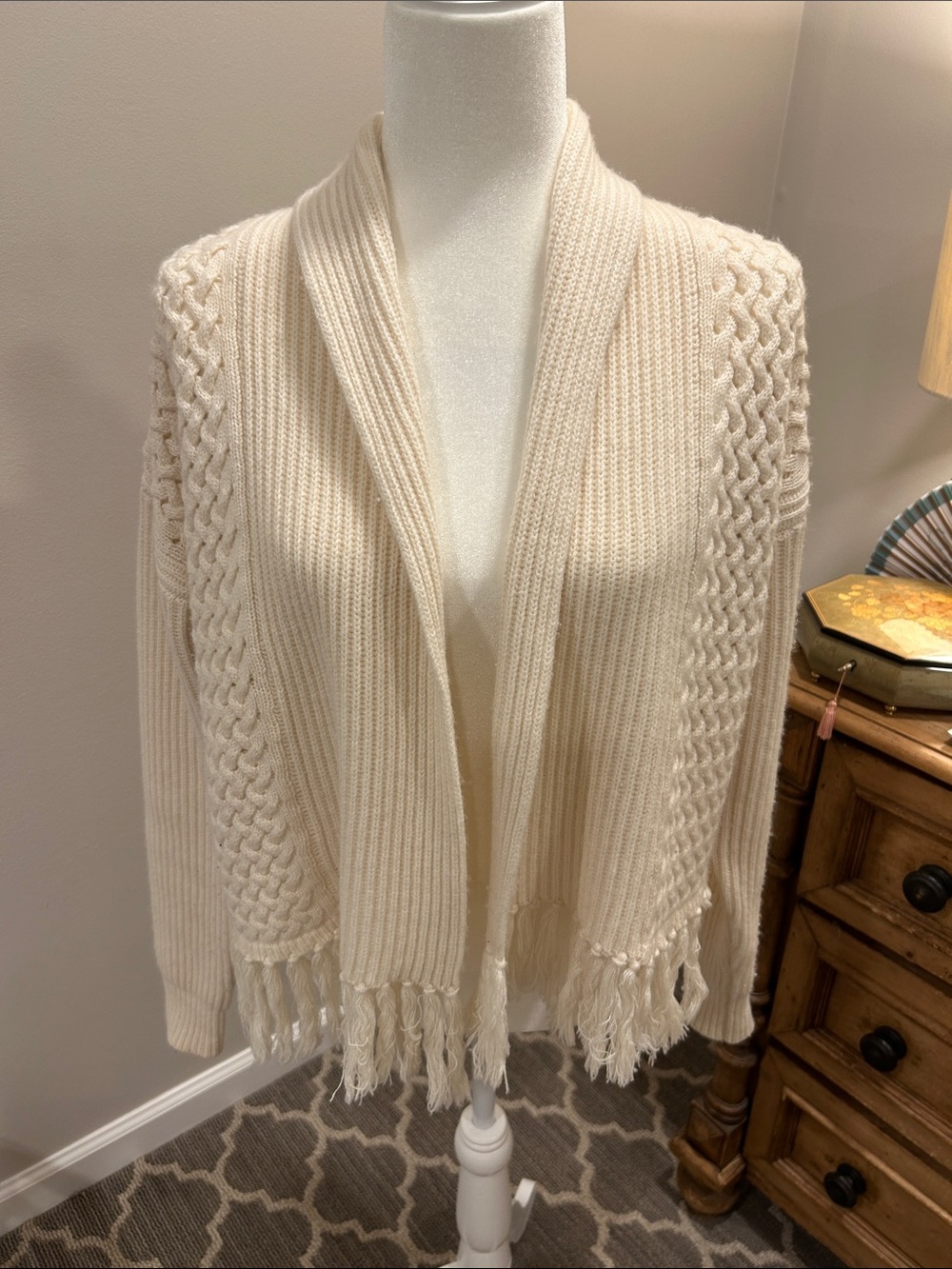 INTERMIX Cream Fringe Shawl-Collar Knit Cardigan